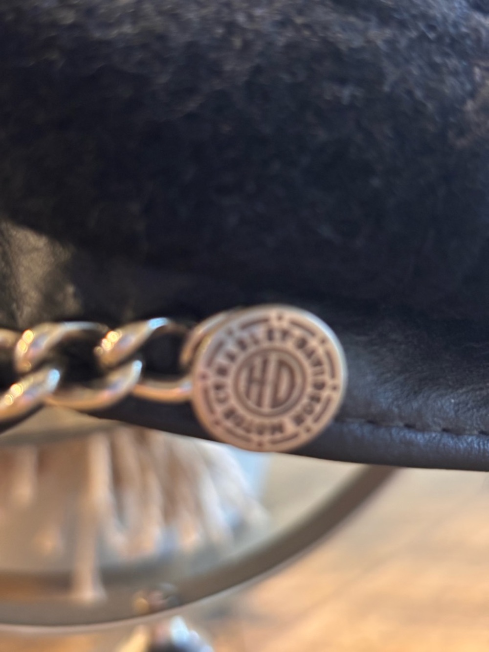 Harley-Davidson Black & Gold Wool Leather Chain Cap VINTAGE - Picture 8 of 10